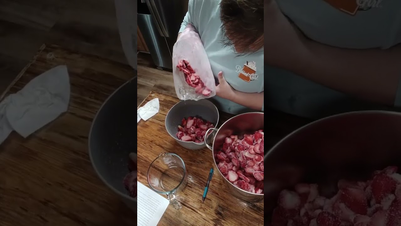 Processing strawberries and peaches from.my freezer.