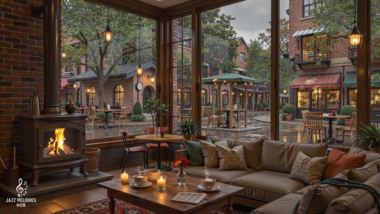 Peaceful February Rainy Café ☕ Soft Jazz Piano, Fireplace Warmth & Calm Focus Vibes with Rain Sounds