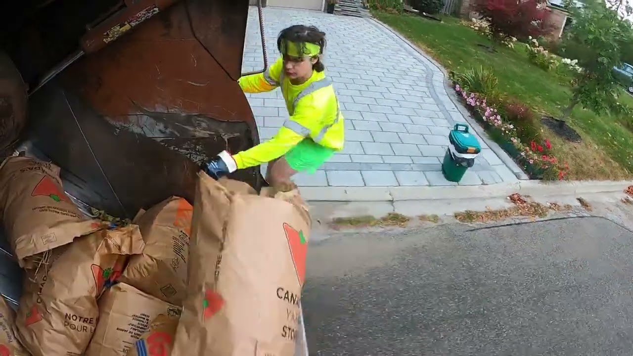 Yard Waste collection 3rd person POV GoPro hopper