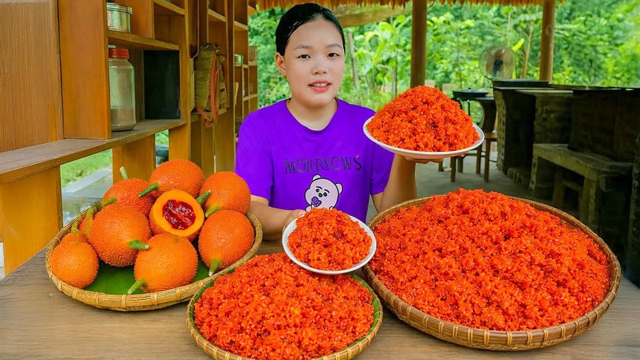 How to Harvest Gac Fruit - Make Gac Sticky Rice & Cook Salt - Steamed Chicken | Trieu Mai Huong