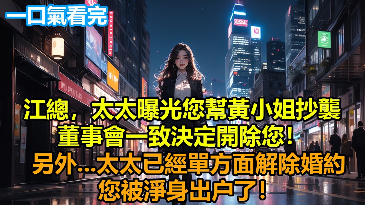 江總，太太曝光您幫黃小姐抄襲，董事會一致決定開除您！另外   太太已經單方面解除婚約，您被淨身出户了！