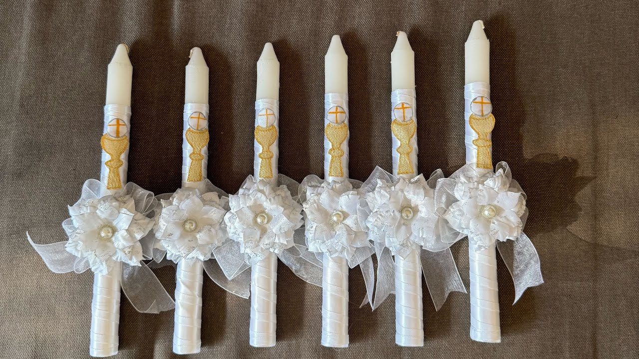Tutorial 74: “First Holy Communion Candle” decorated with  Chalice, Holy Communion, Flowers.