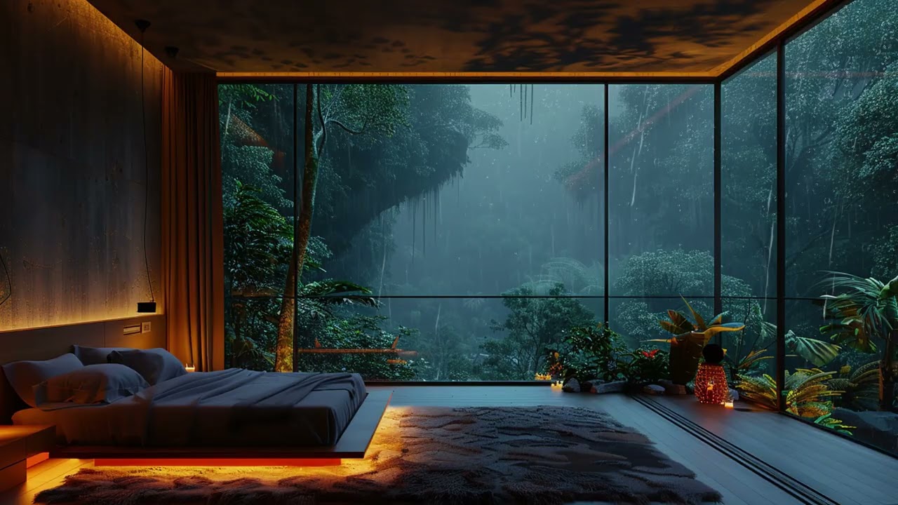 3 Hours Peaceful Rain Sounds from Bedroom Window with Cozy Lights for Sleep and Relaxation