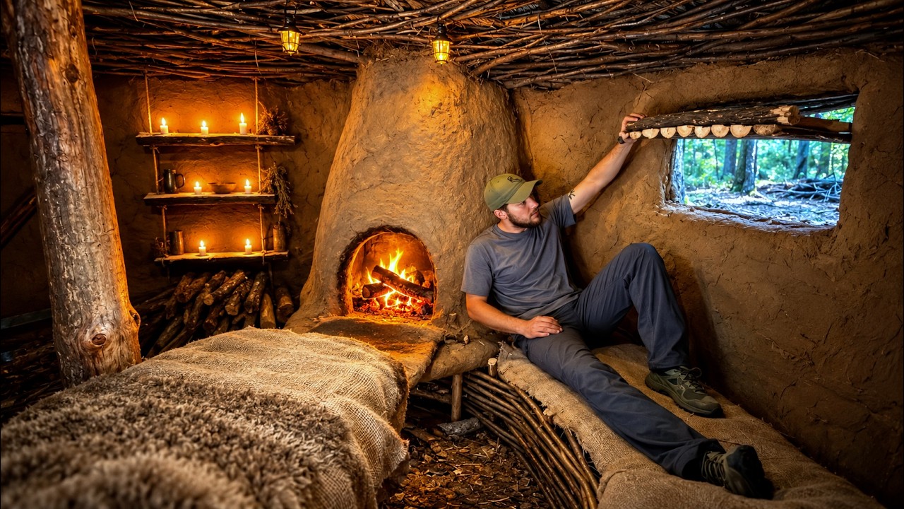 Building a Warm and Cozy forest House with a clay stove. Log cabin. Survival, Bushcraft Shelter