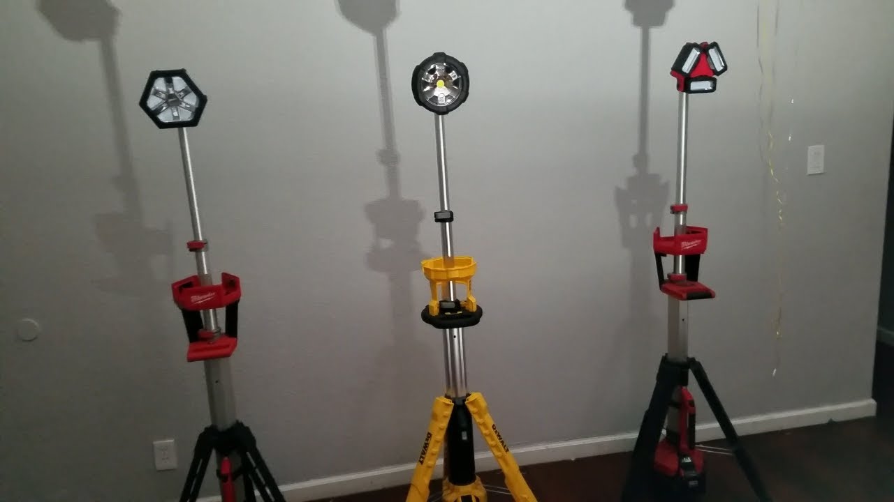 Dewalt 20v tripod light (DCL079) and Milwaukee M18 rocket lights (2130/2135-20) comparison
