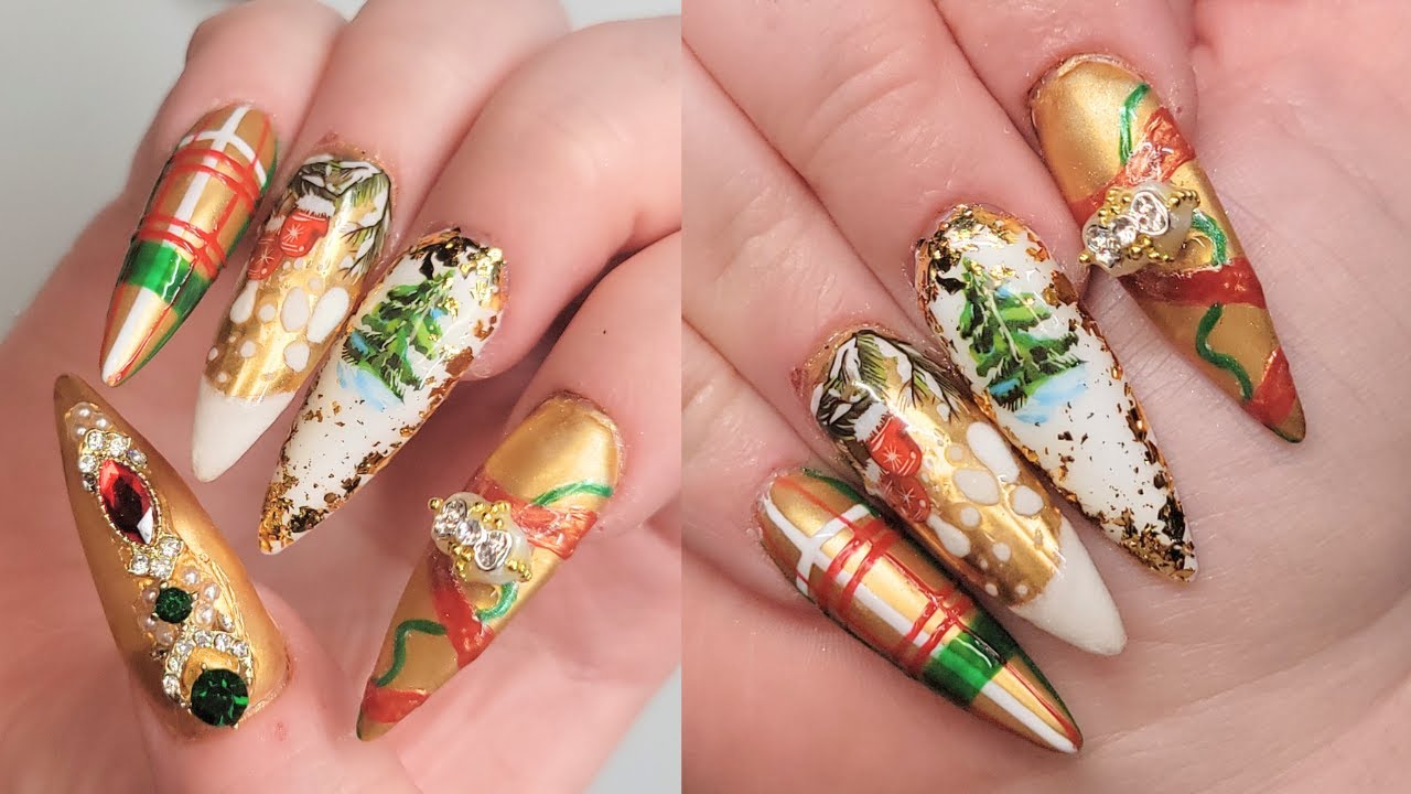 Gold Christmas Nail Tutorial | 3D Nail Art | DIY Nail Extension | ASMR