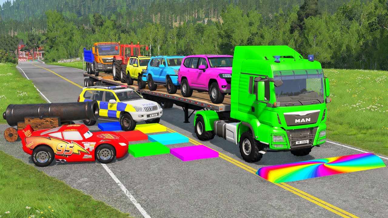 Triple Flatbed Trailer McQueen Transportation with Truck - Speedbumps vs Cars vs Train - BeamNG #9