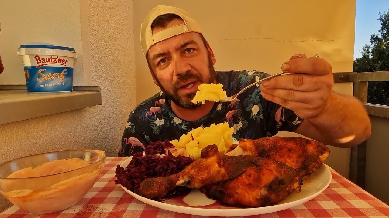 Hähnchenkeule mit Kartoffelpüree und Rotkohl + Anruf bei Harry Hackfleisch /MUKBANGVIDEO/