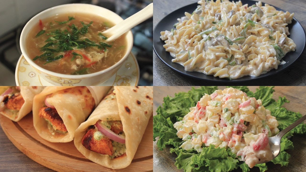 4 Delicious Recipes | Restaurant Style Alfredo Pasta| Russian Salad| Hot n Sour Soup| Tikka Rolls