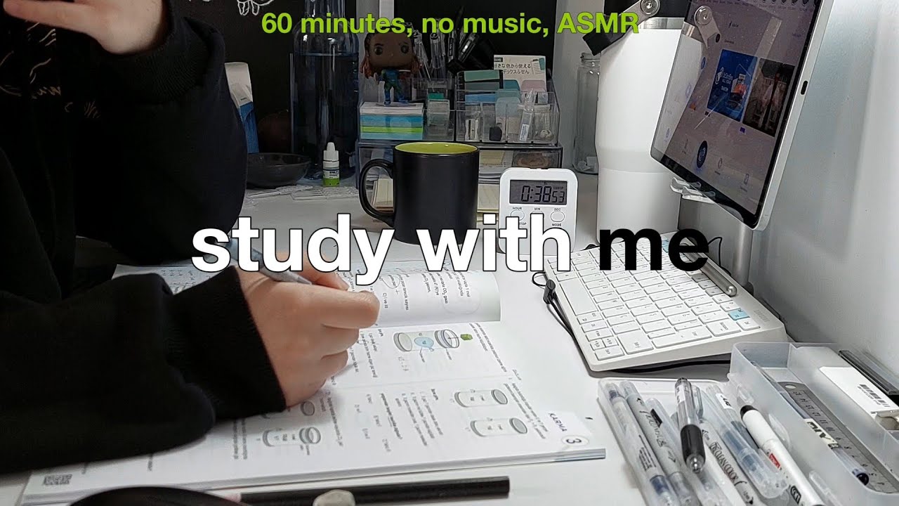 study with me | 1 hour, real time, real sound, no music, pencil ASMR, white noise | aevix 🐈‍⬛