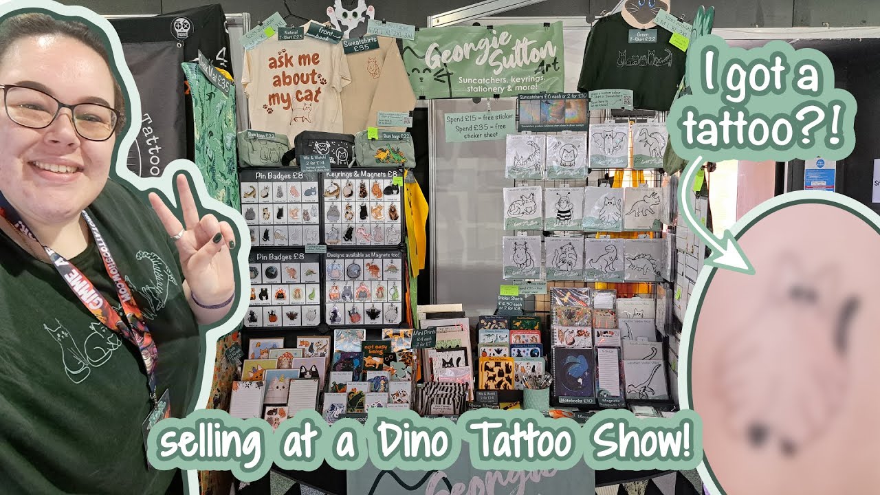 Selling my art at a Dino themed Tattoo Show 🐈 plus getting a tattoo?! 🐈 Market Vlog