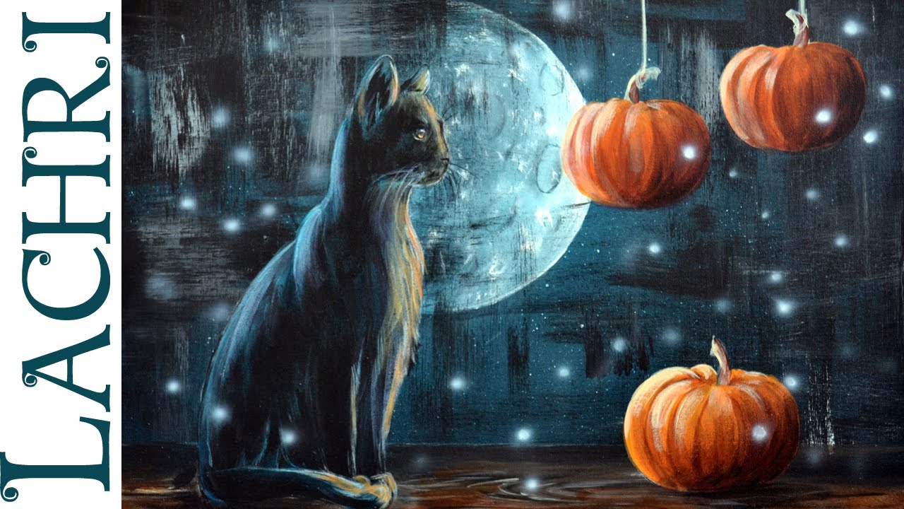 Black cat and pumpkin Halloween acrylic painting tips and techniques  w/ Lachri