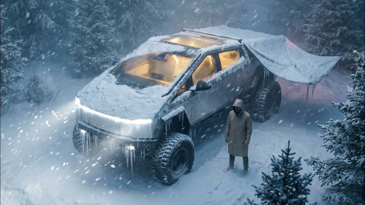 Зимний кемпинг в снег и дождь24 часа за рулём Tesla Cybertruck