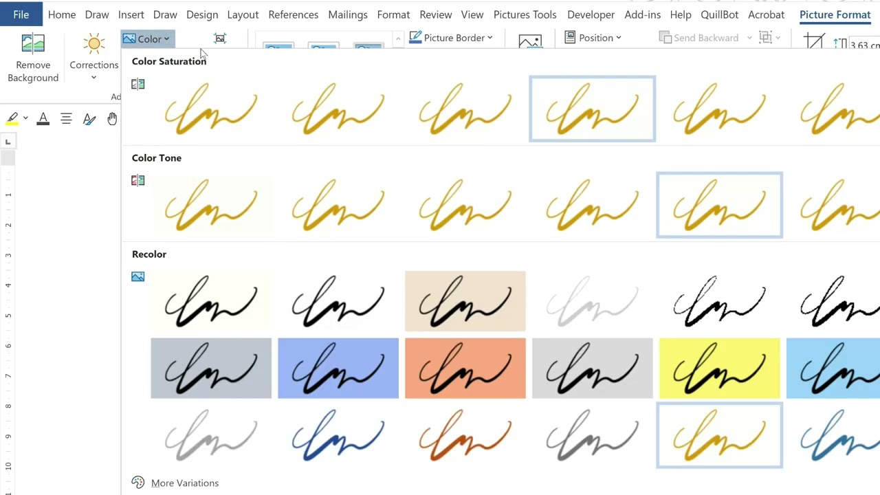 Quick Way to Change Ink Color of a Scanned Signature in Word