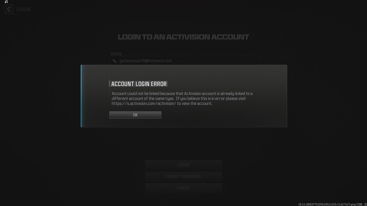 Error: Login error COD II account can not be linked because I COD HQ - WARZONE. Solution - Solución.