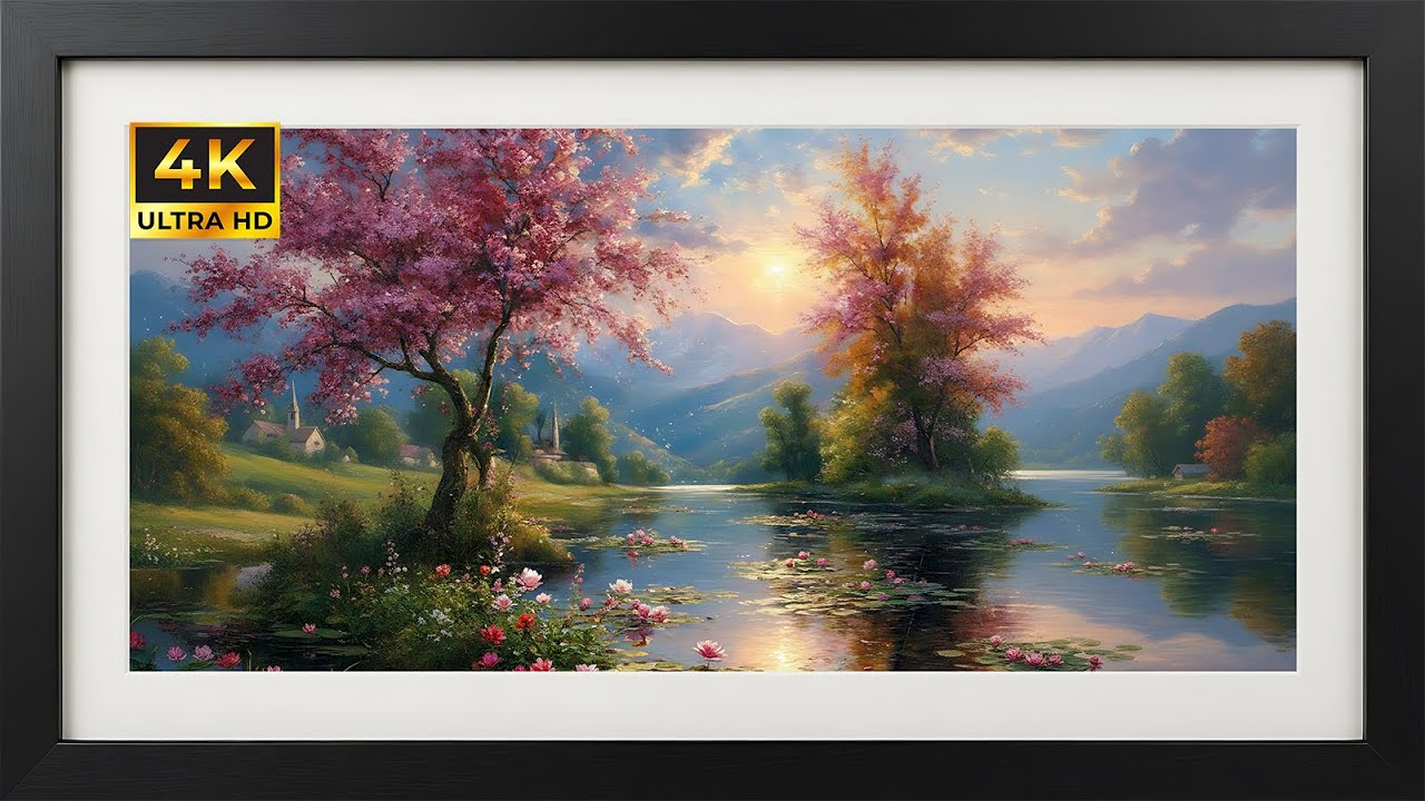 Serene Cherry Blossom Sunset | Gold Framed 4K Art Screensaver | Japanese Landscape TV Wallpaper