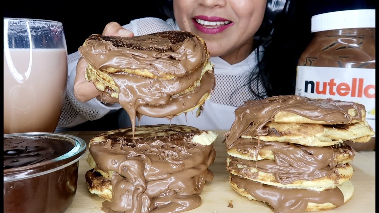 ASMR  Pancakes  & Nutella  with Chocolate Pudding | Mukbang ( Eating Sounds) #okieasmr