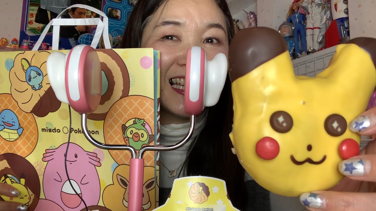 【ASMR】ミスタードーナッツ🍩の福袋🛍買ってみた❣️かわいい😍お得🉐よき❤️念願のピカチュウ⚡️ドーナッツ咀嚼音👅付。lucky bag open & 🍩eating sound