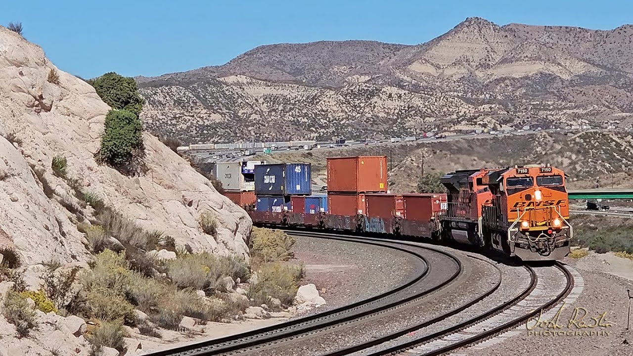 BNSF container train rushes down Cajon Pass