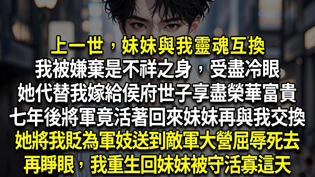上一世，妹妹與我靈魂互換我被嫌棄是不祥之身，受盡冷眼她代替我嫁給侯府世子享盡榮華富貴七年後將軍竟活著回來妹妹再與我交換她將我貶為軍妓送到敵軍大營屈辱死去再睜眼，我重生回妹妹被守活寡這天