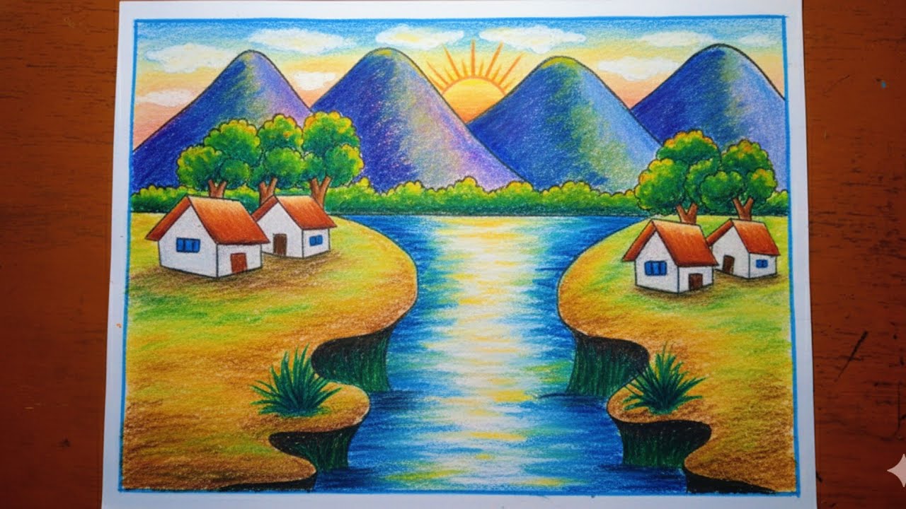 Riverside village landscape drawing easy/Mountain landscape drawing with pencil/Village mountain art