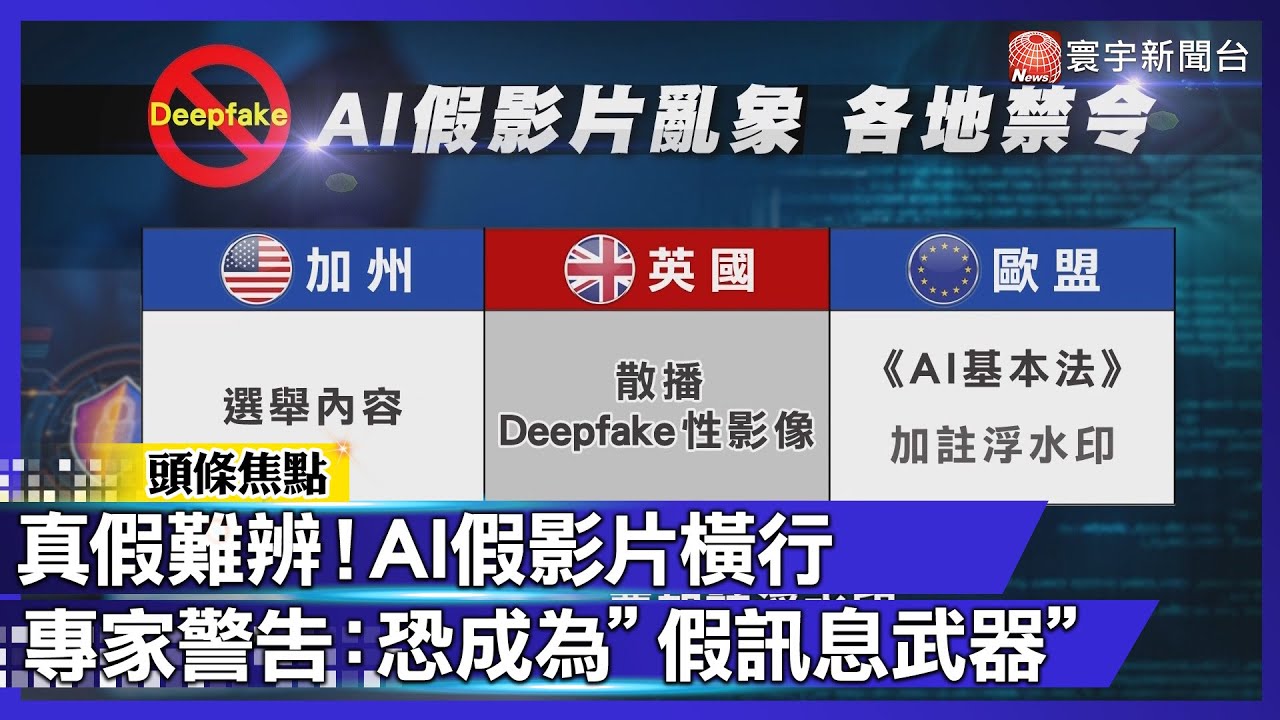 AI假影片氾濫！從娛樂到選舉  真實世界正被改寫？專家憂：假訊息武器恐已啟動｜#寰宇新聞
