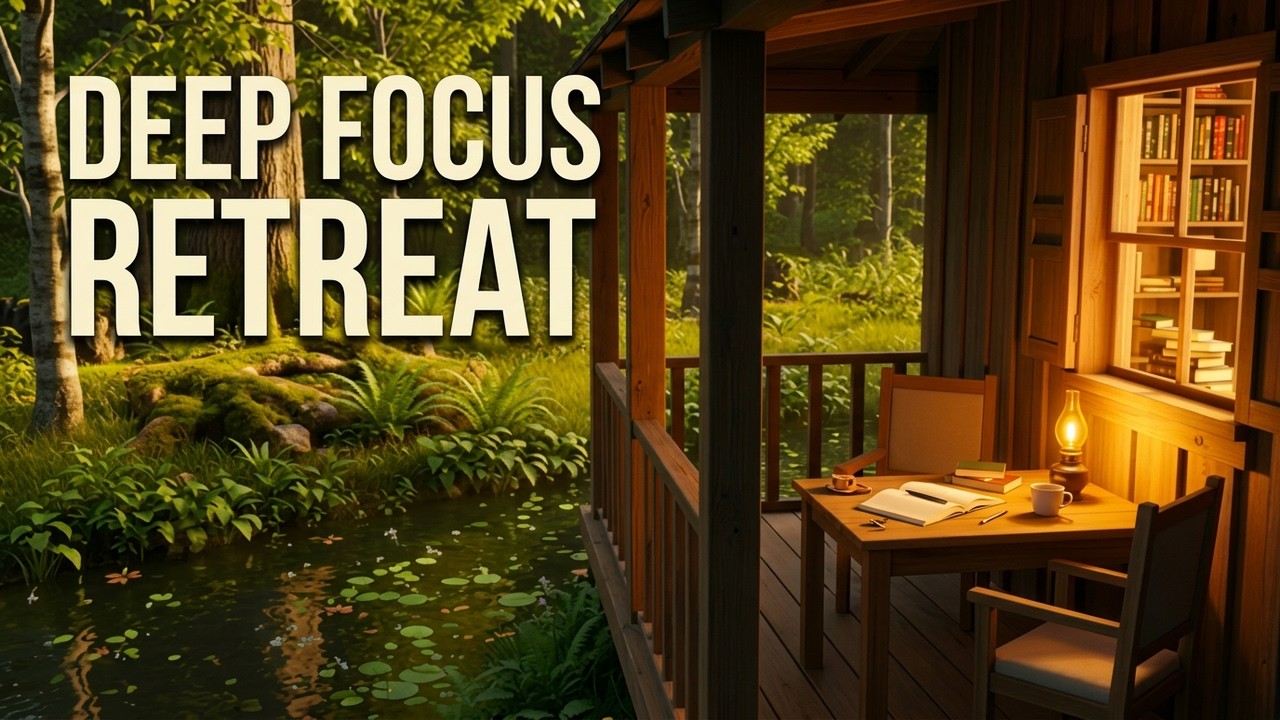 🟡 Cozy Cabin Porch Overlooking a Gentle Forest Stream
