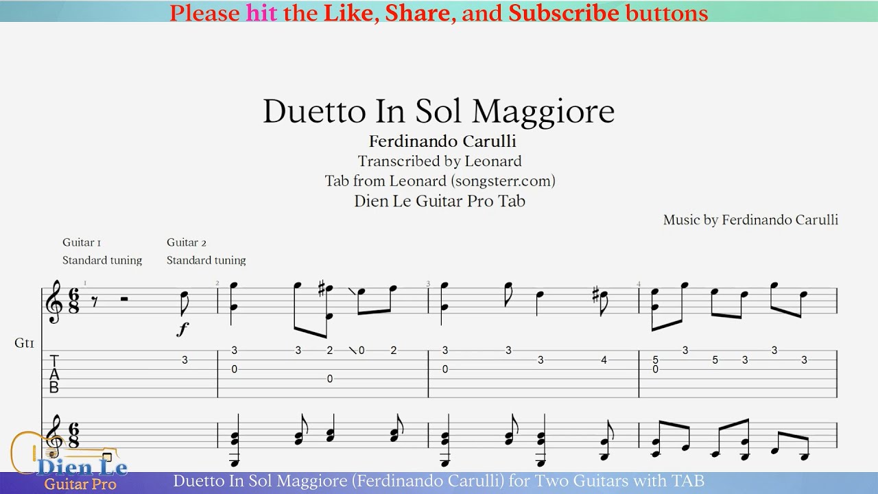 Duetto In Sol Maggiore (Ferdinando Carulli) for Two Guitars with TAB
