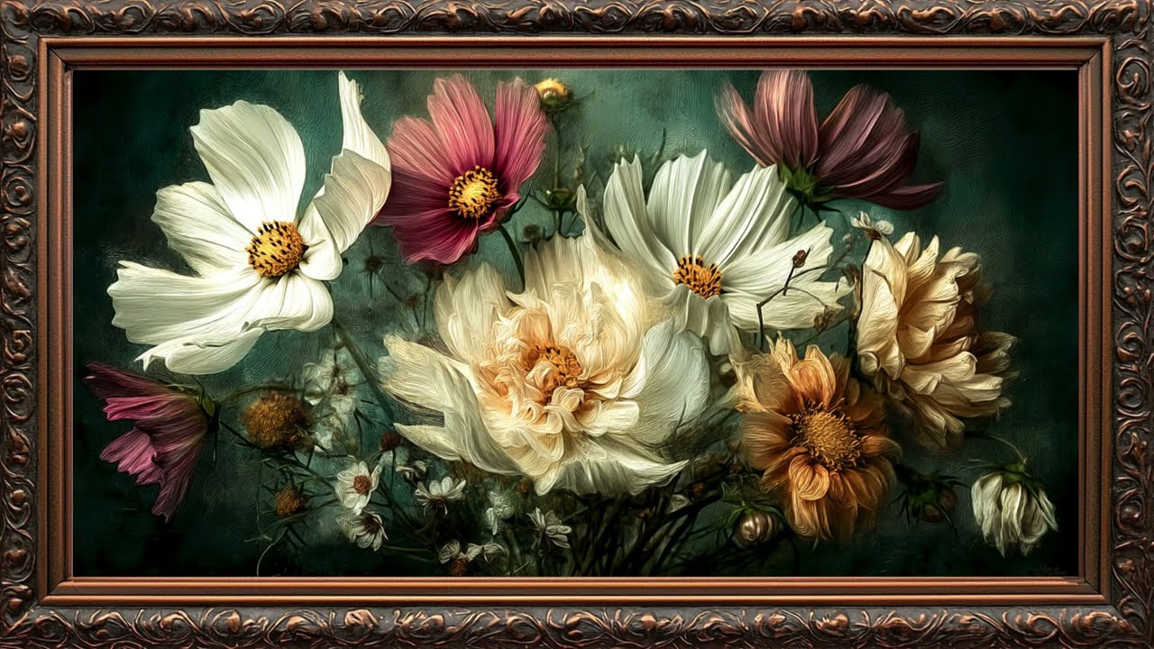Luxurious Vintage Dark Flowers Painting FRAME TV ART | Frame TV ART | Golden Framed Art |