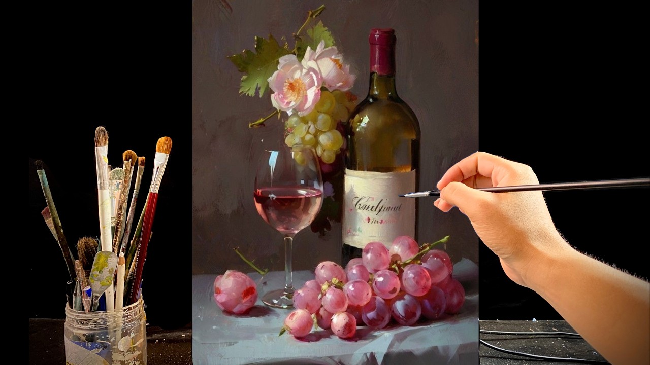 🍷 You Won&rsquo;t Believe This Is Acrylic! | Painting Realistic Wine & Grapes & Flowers | #189