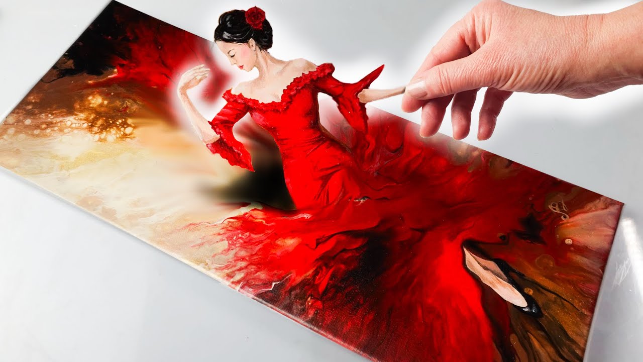 💃 STUNNING Red Flamenco Dancer Acrylic Pour! Next Level Technique! | AB Creative Tutorial