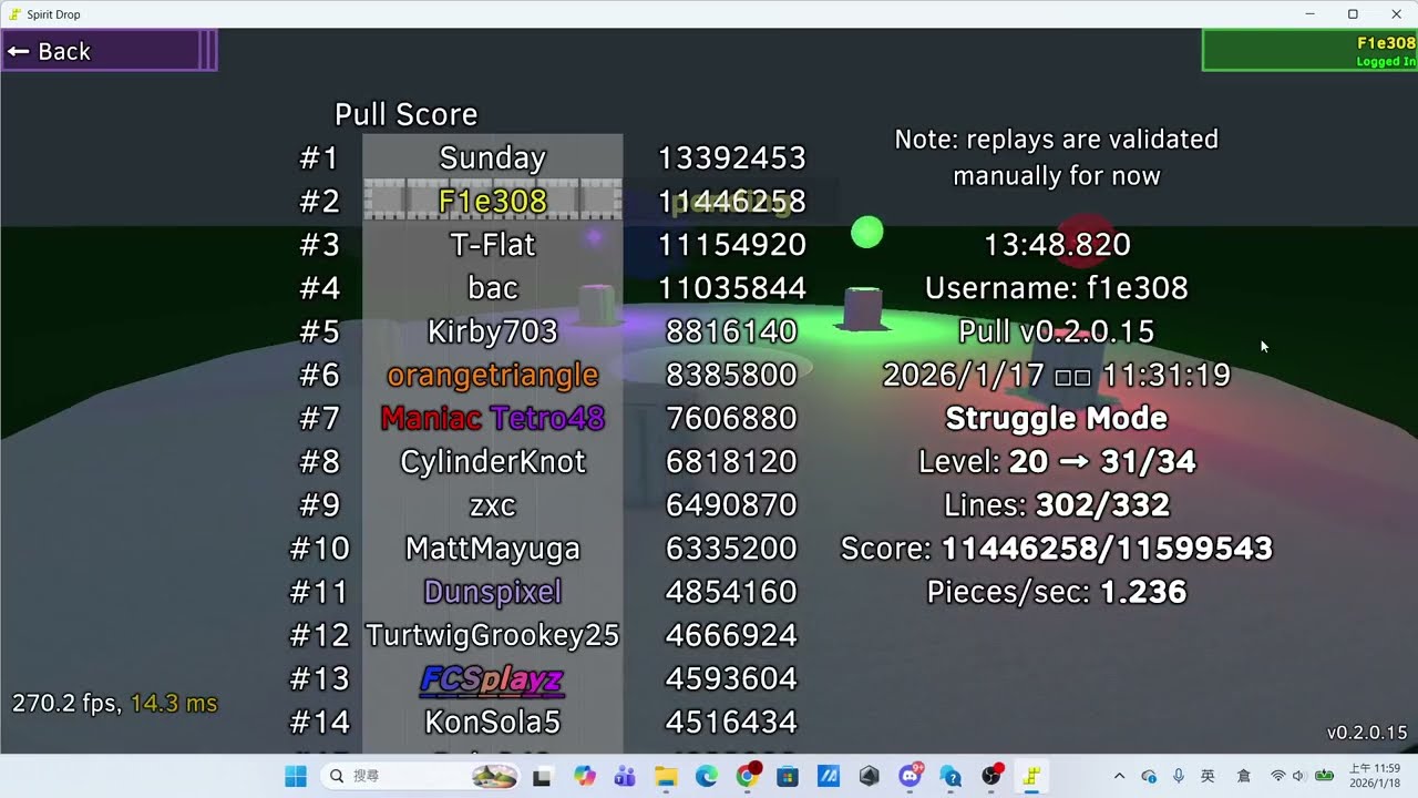 I got second overall in Pull on Spirit Drop (11.44mil)