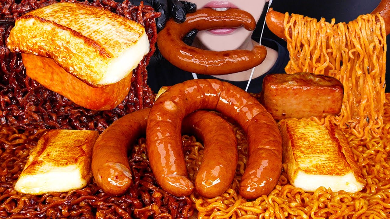 ASMR KIELBASA SAUSAGE SPAM CHEESY NUCLEAR FIRE NOODLES COOKING MUKBANG 소세지 먹방咀嚼音 Sosis EATING SOUNDS