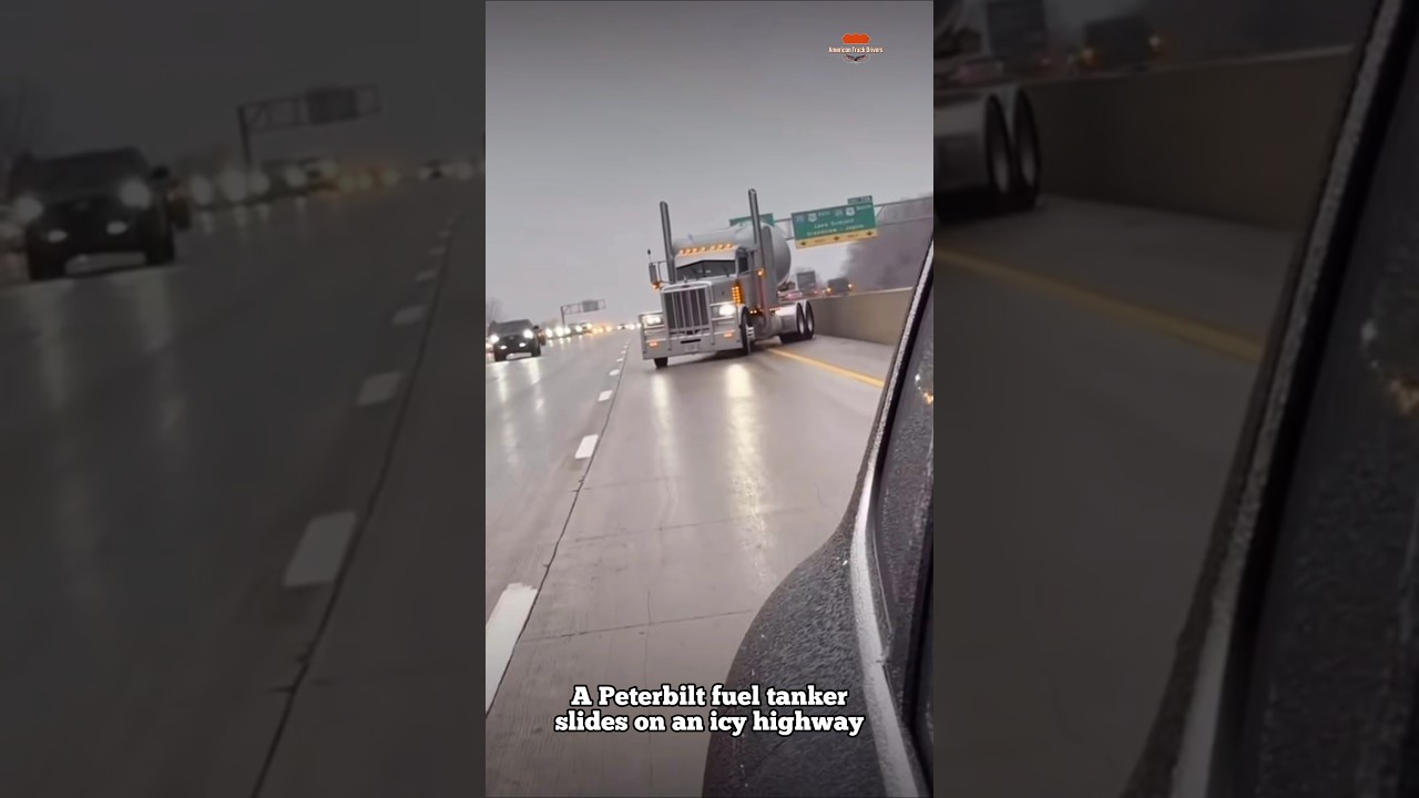 A Peterbilt truck slides on an icy highway, driver maintains control amid the fear. #icyroad #icy