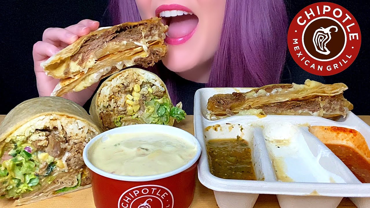 ASMR CHIPOTLE MUKBANG (NO TALKING) BARBACOA QUESADILLA + STEAK BURRITO