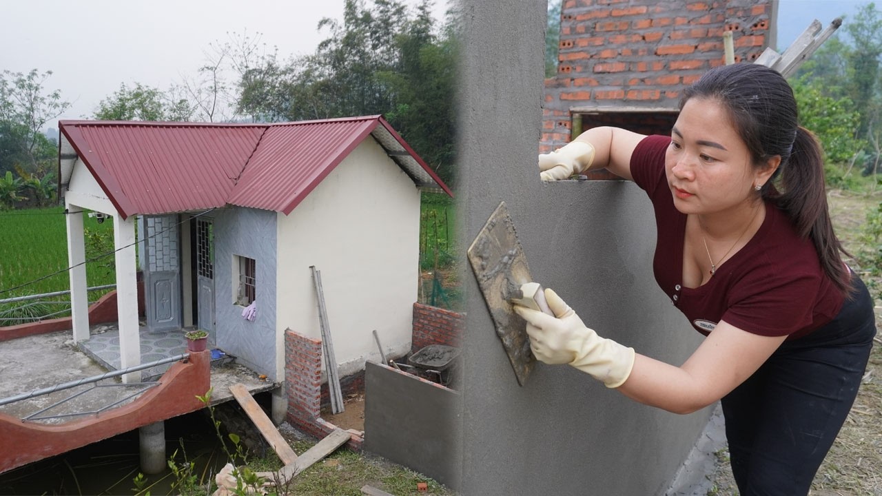 Talented girl Build a cement layer for the kitchen wall - Building house / Farm life