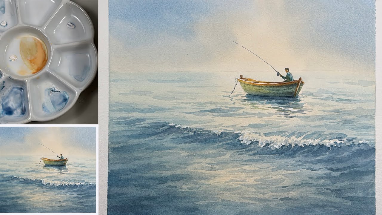 Watercolor Painting of a Lone Fisherman in a Small Boat on the Sea