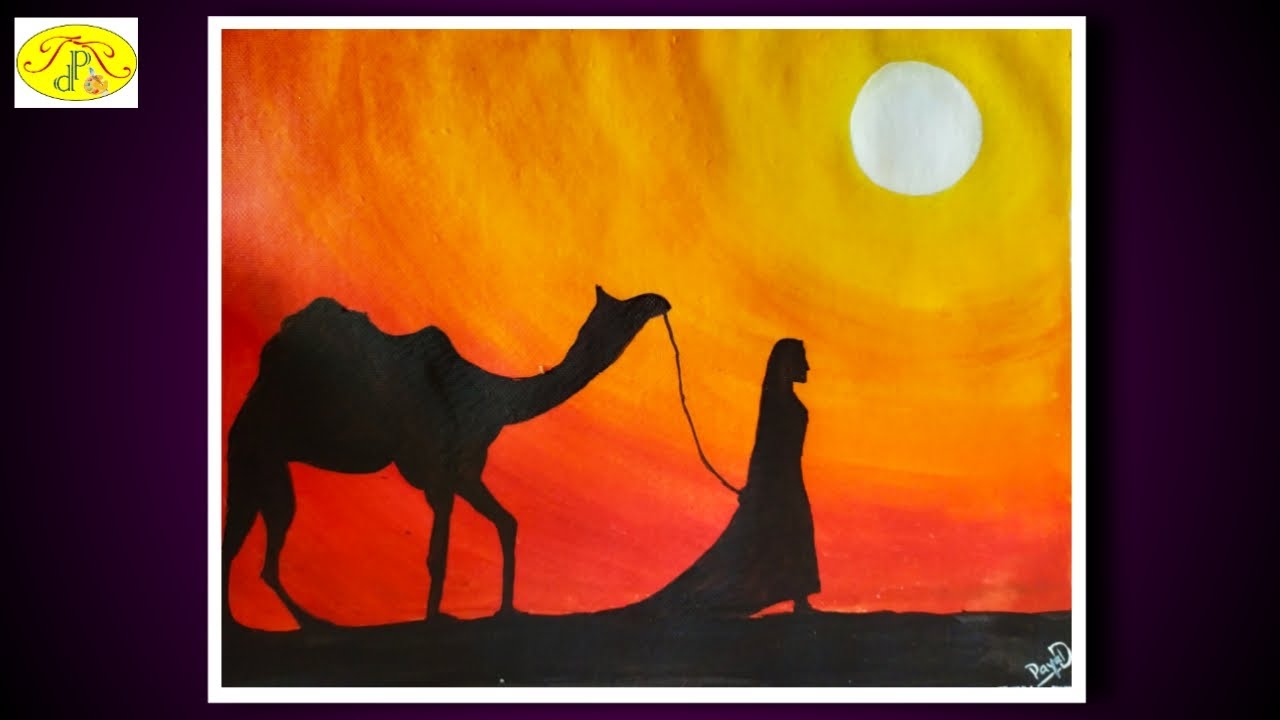 Desert Sunset Scenery |Acrylic Painting of Desert | Camel in desert