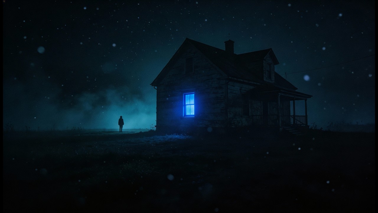 blue window in the dark.