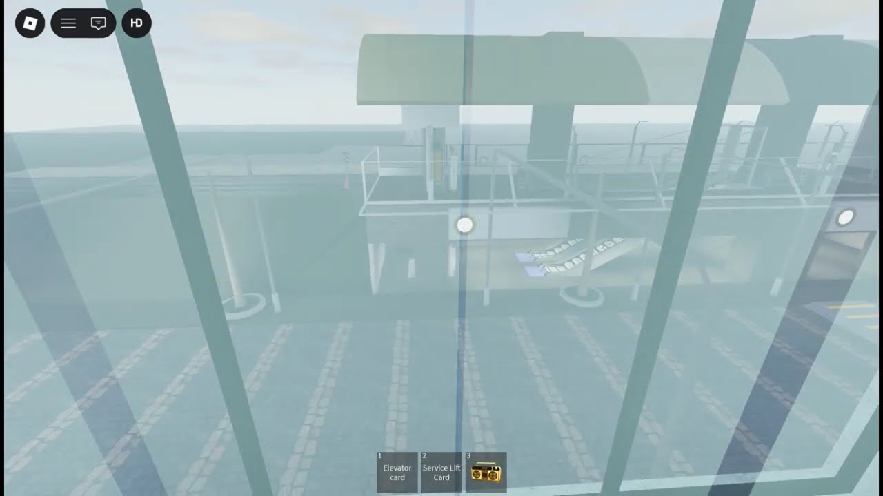 Taking the vehicle carrying elevator to the parking garage at H671 Headquarters in Roblox