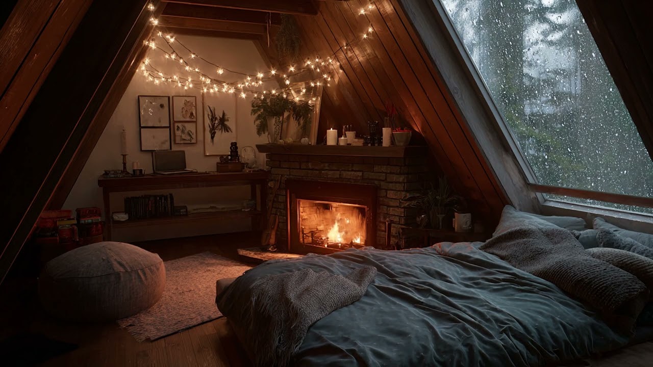 Warm Fireplace & Gentle Rainfall 🌧️ Relaxing Night Sounds
