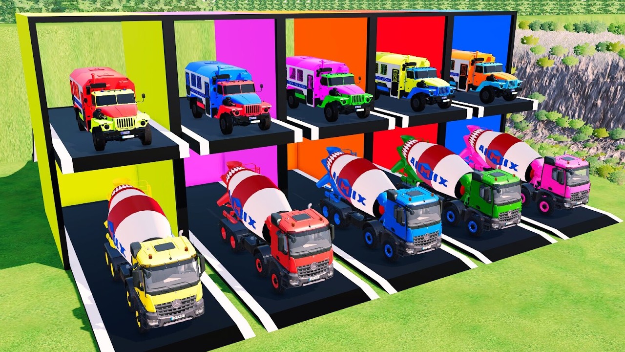 Garage with Colors - ALL MIXER TRUCK WITH DOUBLE FLATBED TRAILER TRUCK, MAN, SCANIA, KENWORTH, ISUZU