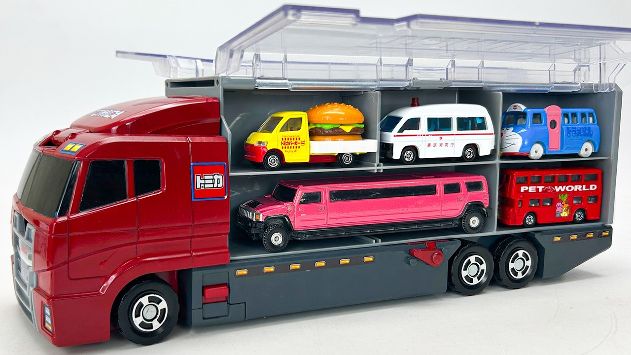 トミカ☆ミニカーを開封してコンボイへ収納！最後は緊急走行テストします！13 Tomica cars loaded into the convoy → Emergency driving test!