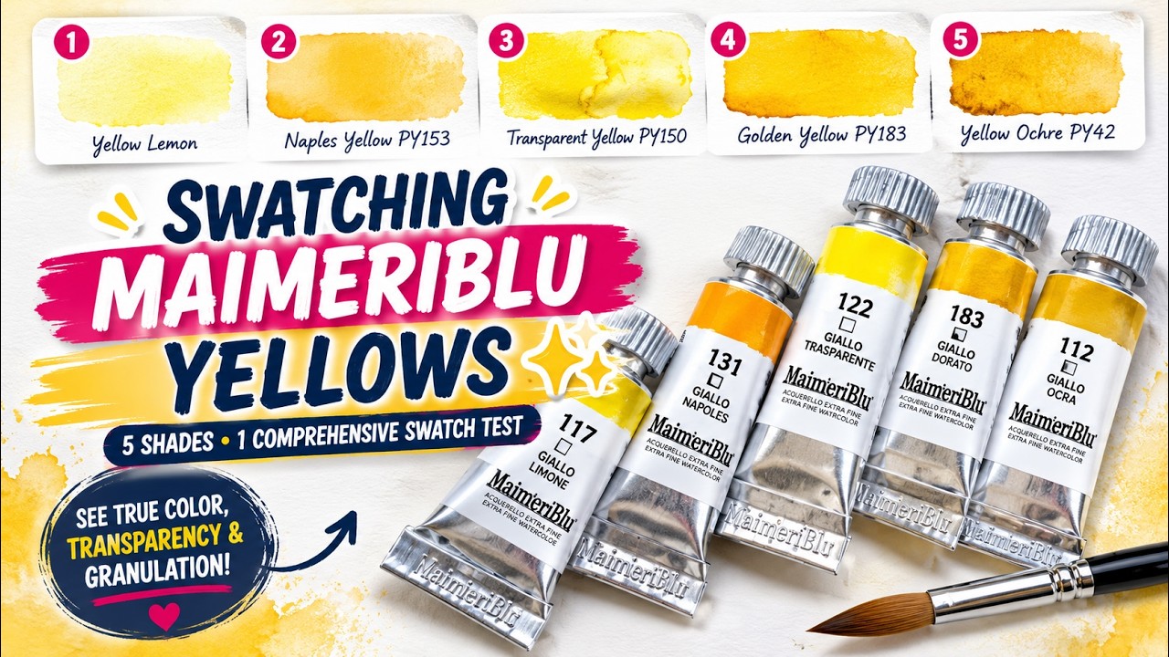 Образцы желтого цвета MaimeriBlu 💛Подробный анализ свойств желтого цвета в акварели