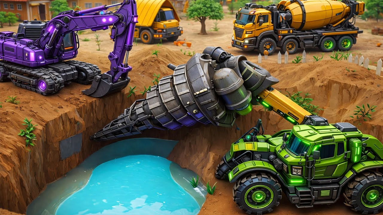 Excavator Meets a Massive Drilling Machine 😱🛠️ | Racing Car Animation