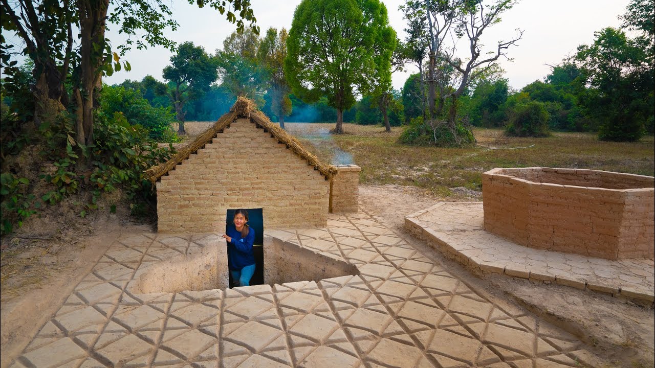 Girl Living Off Grid Build Underground Dugout Brick House with Fireplace, Cook Favorite Food and Eat