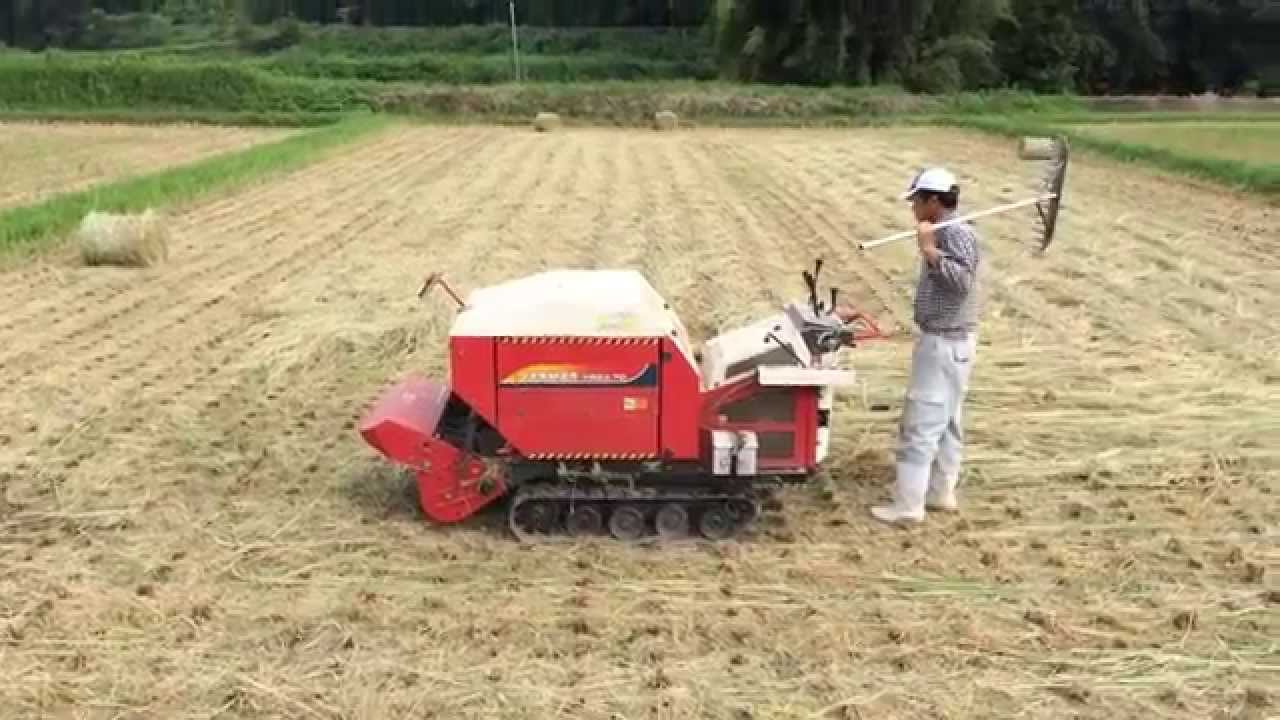 Yanmar YRBA70 önjáró mini körbálázó, self-propelled mini roundbaler working on a rice paddy
