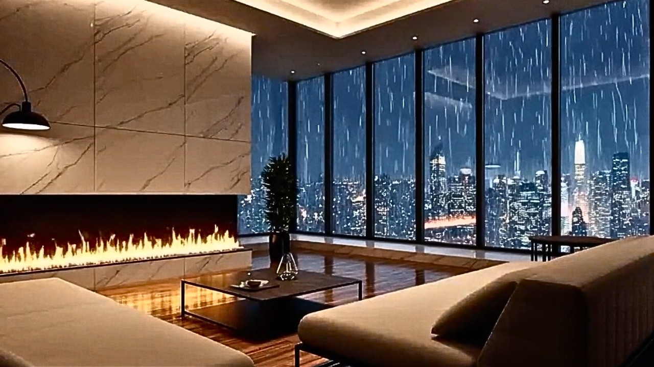 Midnight Rain in a Luxury Skyline Penthouse with Fireplace