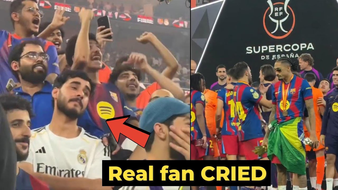 Real fan surrounded by Barca fans celebrating Supercopa
