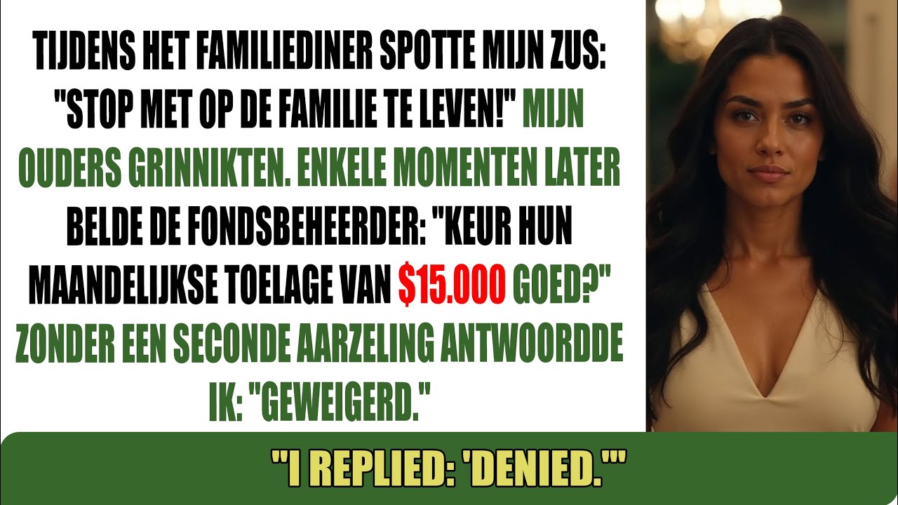 Bij het familiediner bespotte mijn zus: 'Stop met profiteren!' Mijn ouders grinnikten. Dus ik...